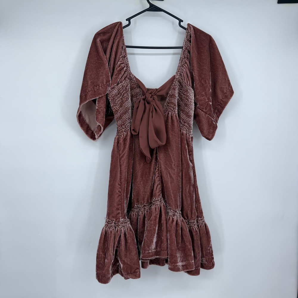 Free People Easy to Love Velvet Mini Dress XS Dried Currant Smocked Boho